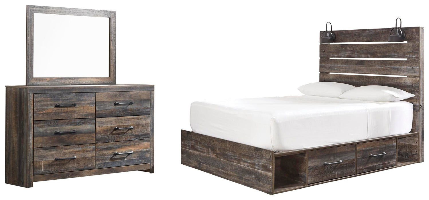 Drystan Multi Drystan Queen Panel Bed with 2 Storage Drawers with Mirrored Dresser