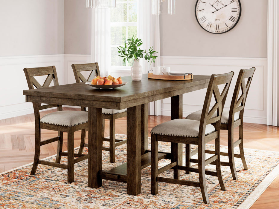 Moriville Grayish Brown Moriville Counter Height Dining Table and 4 Barstools