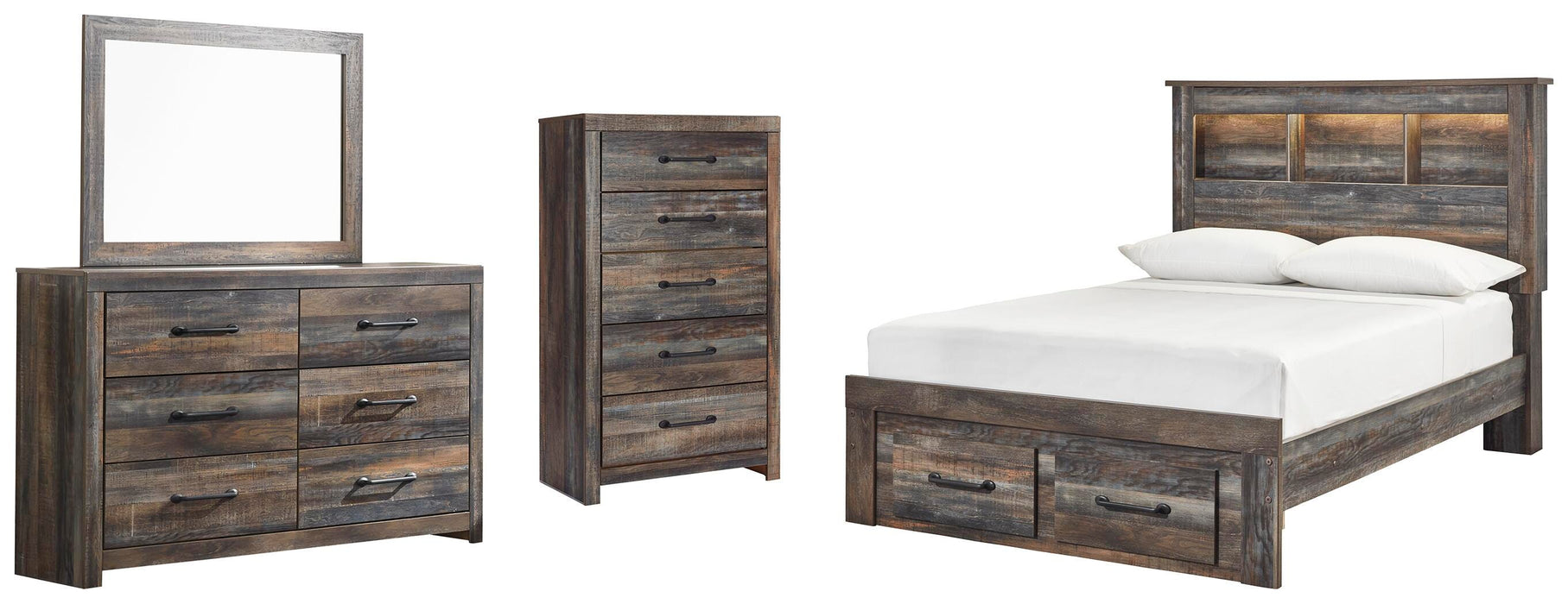 Drystan Multi Drystan Full Bookcase Bed with 2 Storage Drawers, Dresser, Mirror and Chest
