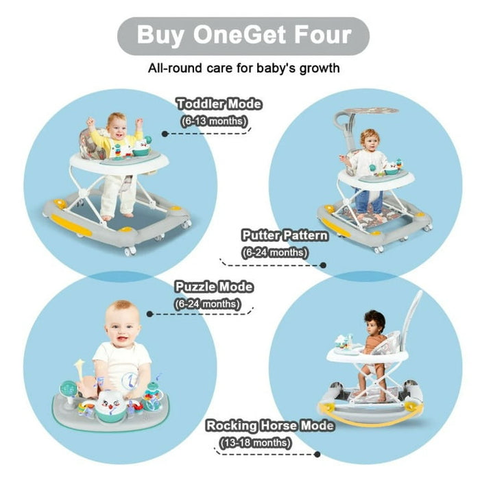 LHUAI 6-in-1 Baby Walker With Wheels, Bouncer, Removable Footrest, Feeding Tray & Music, Foldable & Adjustable Activity Walker For Boys And Girls, Toddler Infant, Grey - new