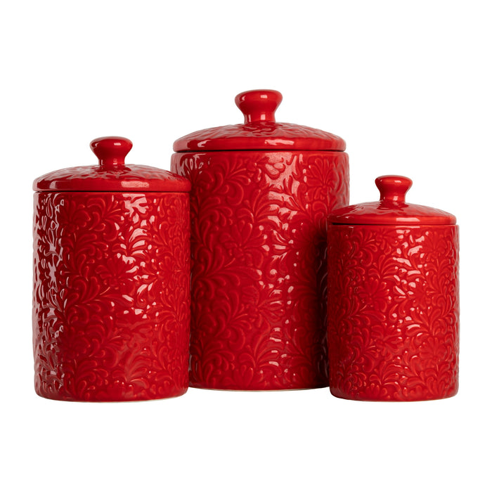 10 Strawberry Street Fleur Embossed 3 Piece Ceramic Canister Set, Red - new