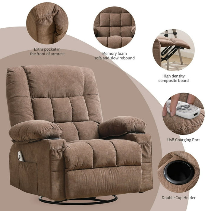 JONPONY Massage Swivel Rocker Recliner Chair with Vibration Massage and Heat Ergonomic Lounge Chair for Living Room with Rocking Function and Side Pocket, 2 Cup Holders, USB Charge Port,Brown - new