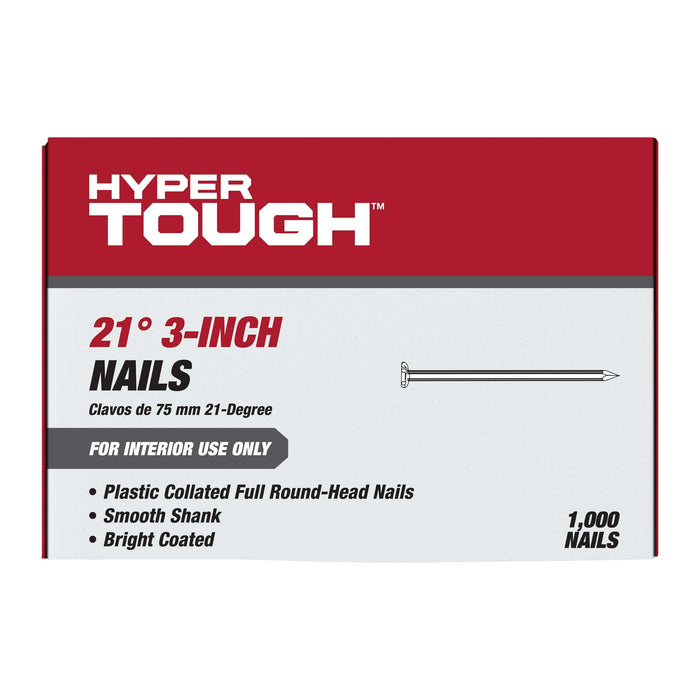 Hyper Tough 21-Degree 0.120 in. x 3 in. Plastic Collated Framing Nails, Bright Finish Smooth Shank, 1000 Count, Hardware Nails - new
