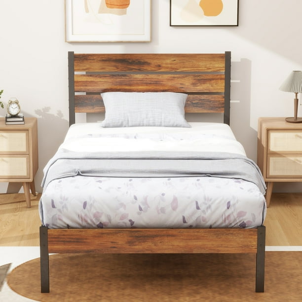 Simenmax Twin Size Bed Frame with Headboard, Mattress Foundation with All Sturdy Metal Support, Under Bed Storage, No Box Spring Needed, Rust Brown - new