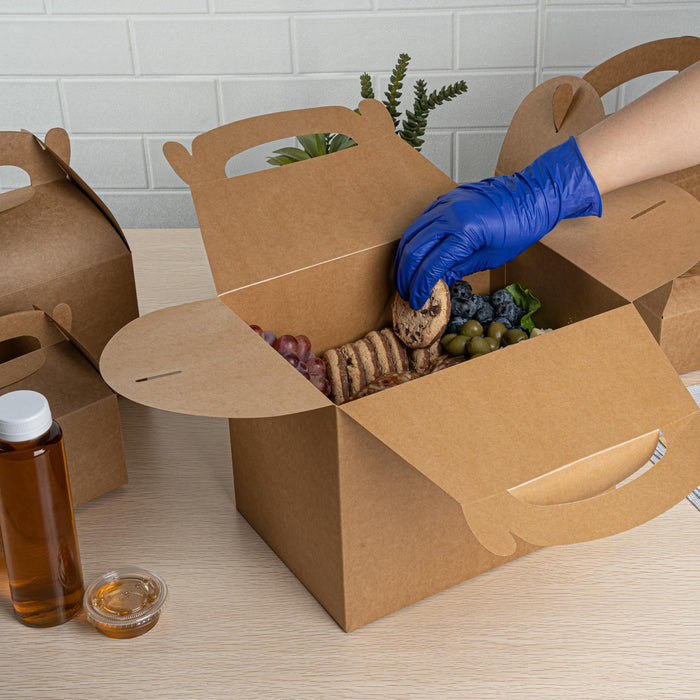 Restaurantware Bio Tek 10 x 7 x 8 Inch Gable Boxes For Party Favors, 25 Attractive Gift Boxes - With Built-In Handle, Greaseproof, Kraft Paper Gable Boxes, For Birthday Parties And Weddings