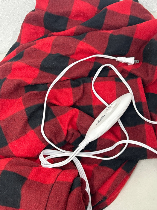 Sunbeam Electric Heated Throw Red/Black Plaid Microplush Faux Shearling 4 Heat 50x70 - new