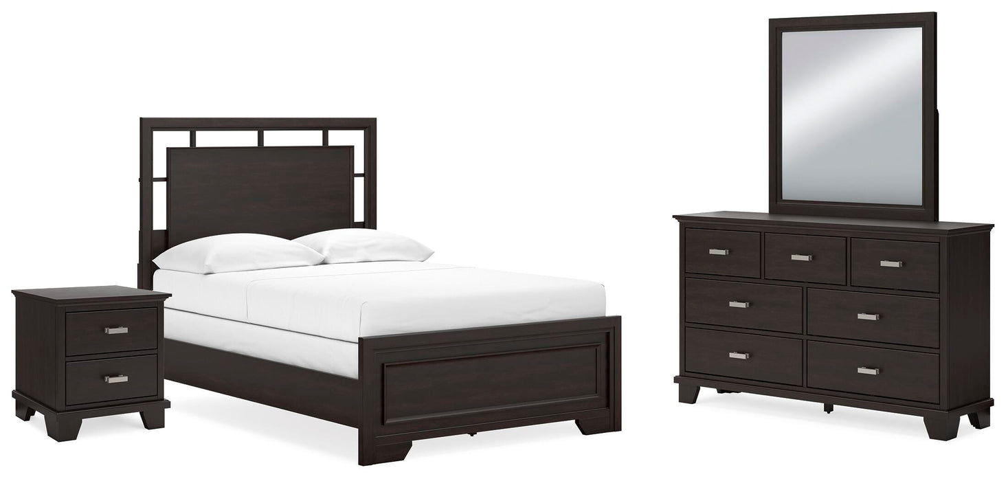 Covetown Dark Brown Covetown Full Panel Bed with Mirrored Dresser and Nightstand