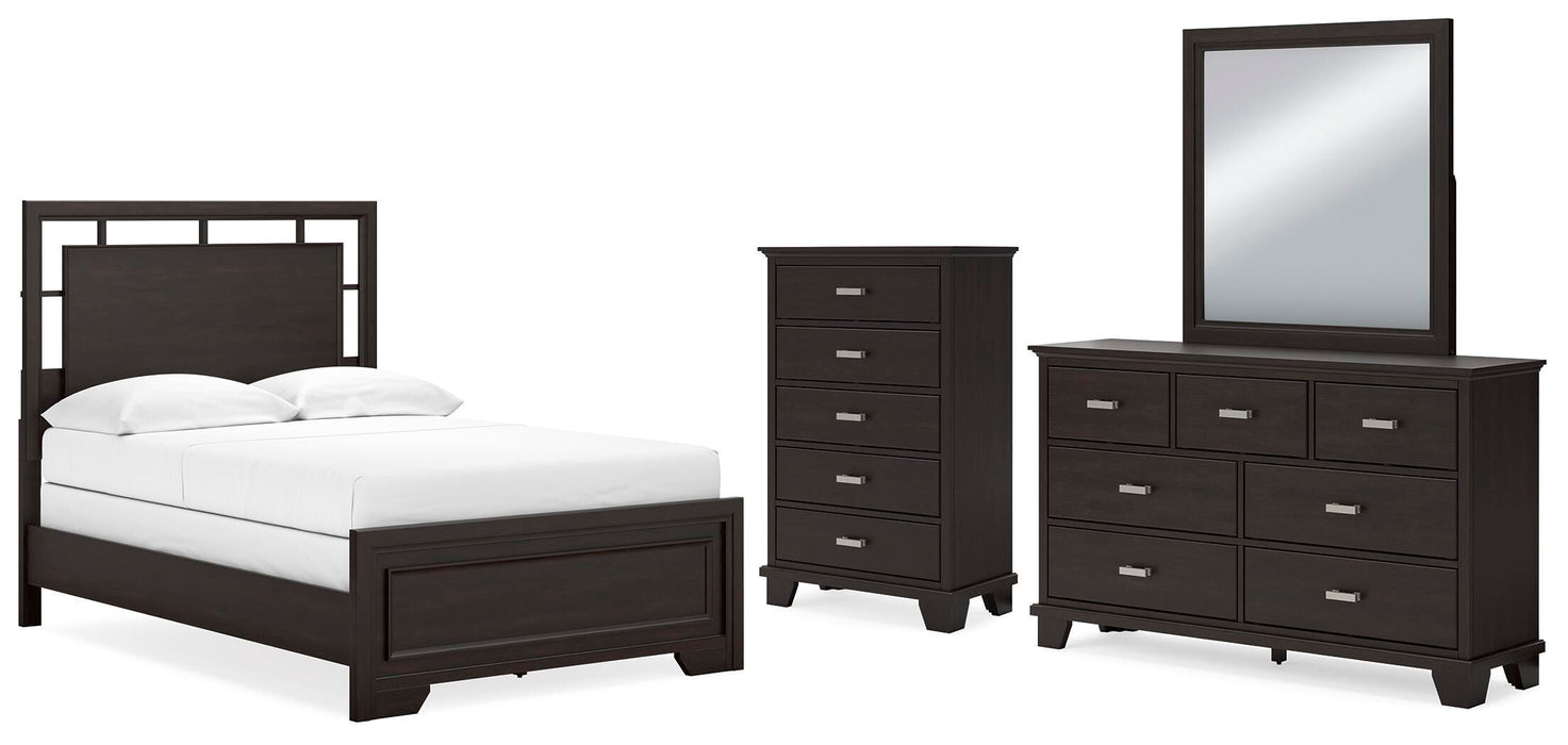 Covetown Dark Brown Covetown Full Panel Bed, Dresser, Mirror and Chest