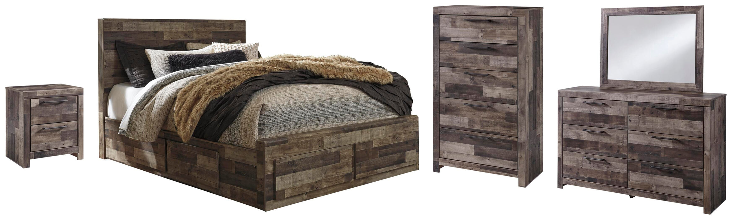 Derekson Multi Gray Derekson Queen Panel Bed with 6 Storage Drawers with Mirrored Dresser, Chest and Nightstand