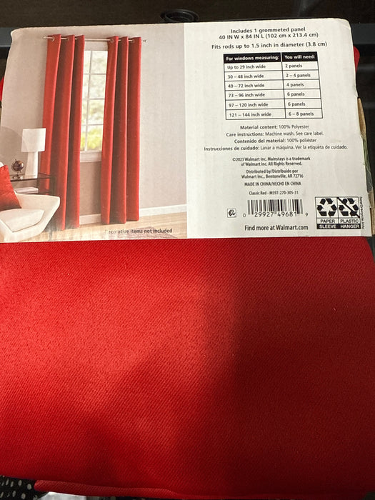 Mainstays Grommet Top Blackout Curtain Panel, 1 Panel, Red, 40" W x 84" L - new