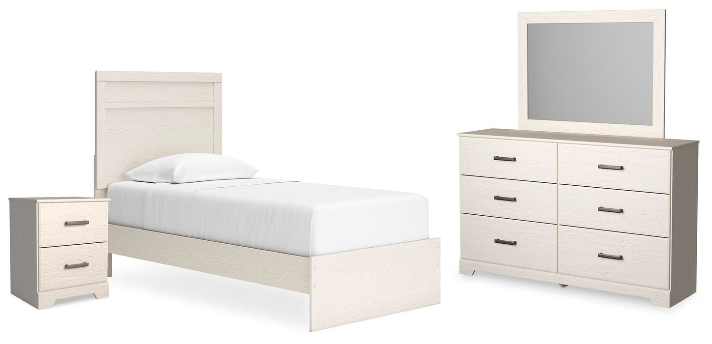 Stelsie White Stelsie Twin Panel Bed with Mirrored Dresser and Nightstand