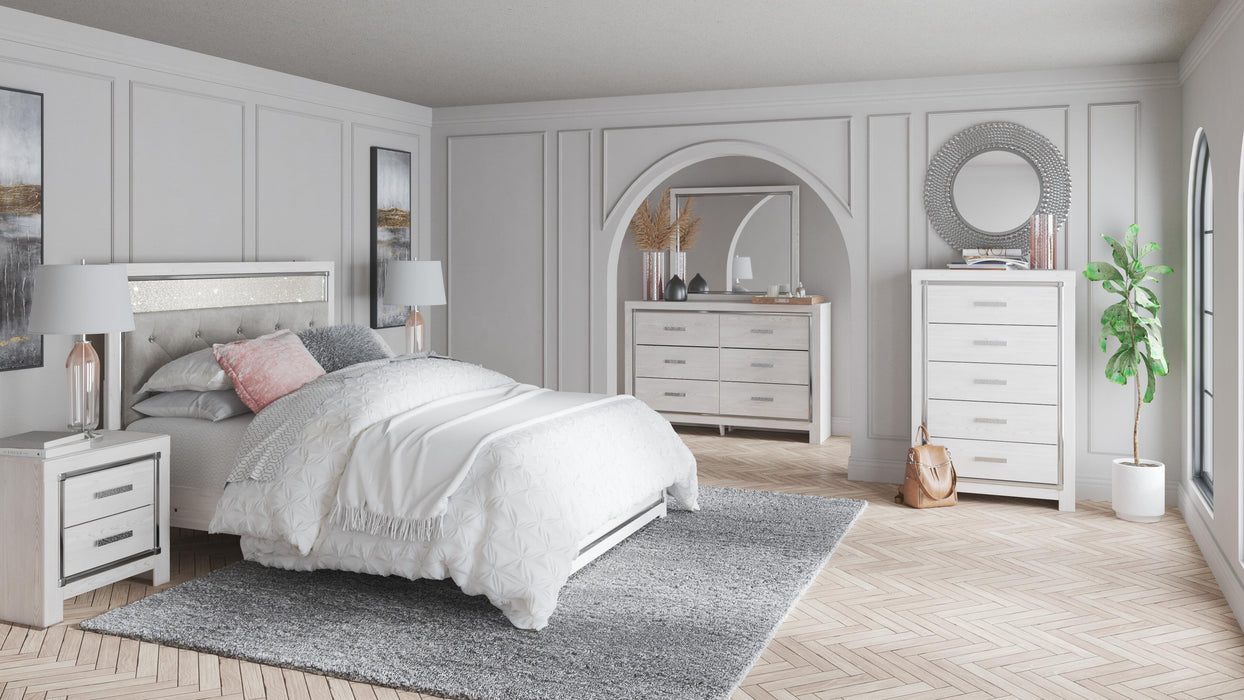 Altyra White Altyra Queen Panel Bed with Mirrored Dresser and Chest