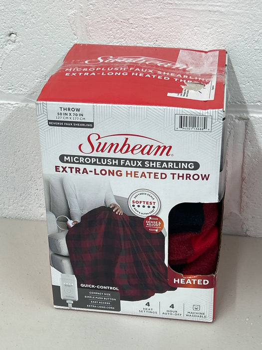 Sunbeam Electric Heated Throw Red/Black Plaid Microplush Faux Shearling 4 Heat 50x70 - new