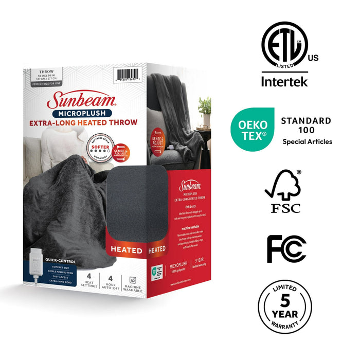 Sunbeam Electric Heated Throw Blanket Oversize Grey stone Microplush 4 Heat Settings - new