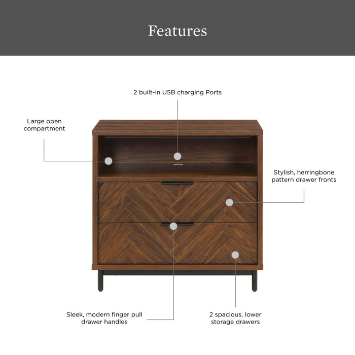 Better Homes & Gardens Wyatt Geo 2-Drawer Nightstand with USB, Walnut Finish - new
