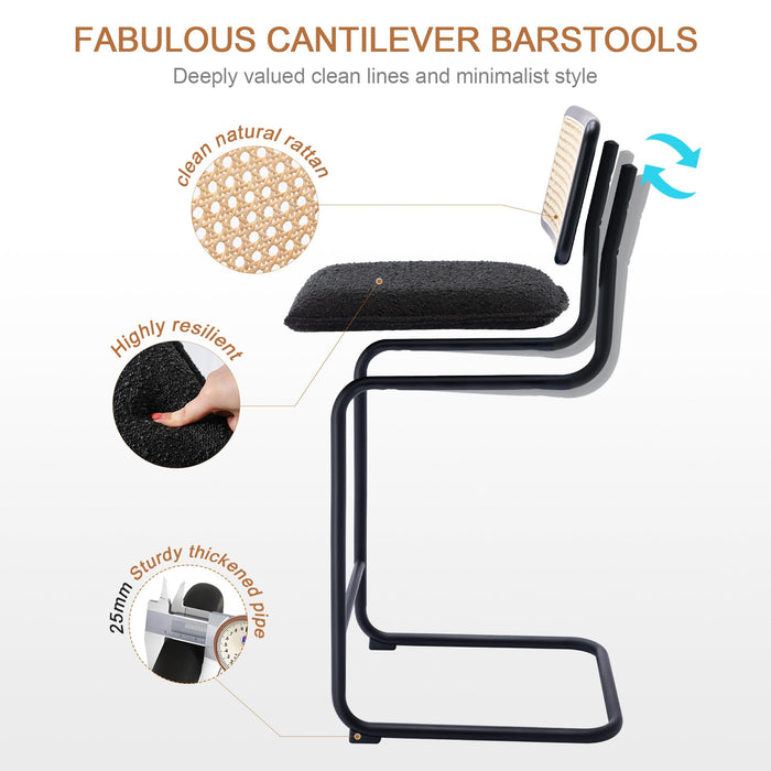 Zesthouse Boucle Bar Stools Counter Height Set of 2, 26'' Rattan Barstools with Wooden Back & Natural Cane Mesh, Mid Century Cantilevered Design Counter Stools for Kitchen Island, Chrome Bas