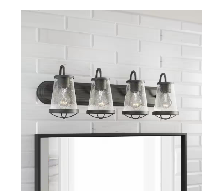 Home Decorators Collection Georgina 30 in. 4-Light Weathered Iron Industrial Rustic Vanity with Clear Seeded Glass Shades and Cage Accents - open_box