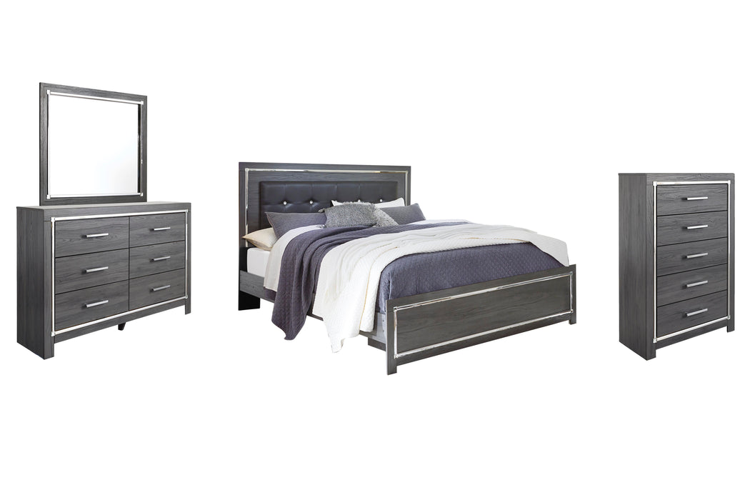 Lodanna Gray Lodanna King Panel Bed with Mirrored Dresser and Chest