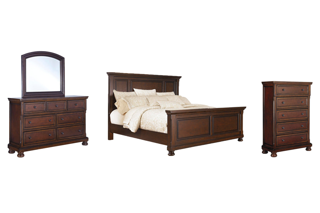 Porter Rustic Brown Porter Queen Panel Bed with Mirrored Dresser and Chest