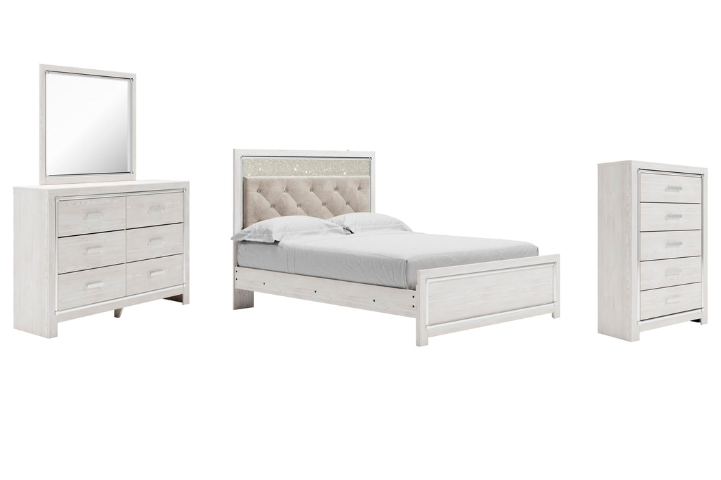 Altyra White Altyra Queen Panel Bed with Mirrored Dresser and Chest