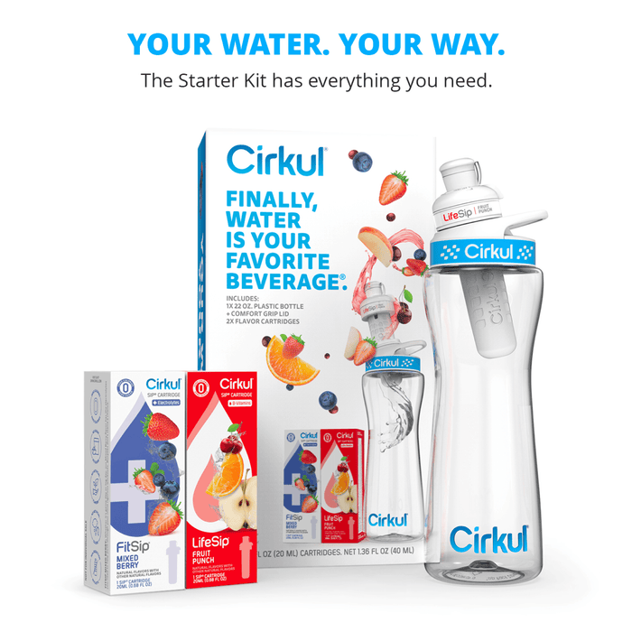 Cirkul 22 oz Plastic Water Bottle Starter Kit with Blue Lid and 2 Flavor Cartridges (Fruit Punch & Mixed Berry) - new