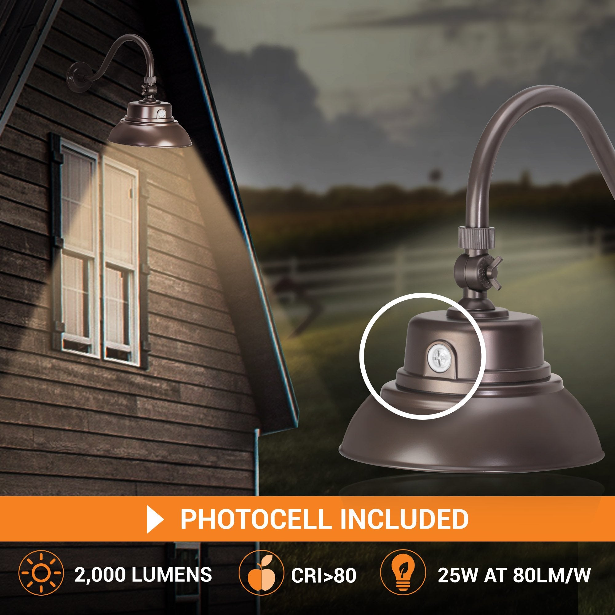 10in. Bronze Gooseneck Barn Light LED Fixture for Indoor/Outdoor Use - Photocell Included - Swivel Head - 25W - 2000lm - Energy Star Rated - ETL Listed - Sign Lighting - 3000K (Warm White) - open_box