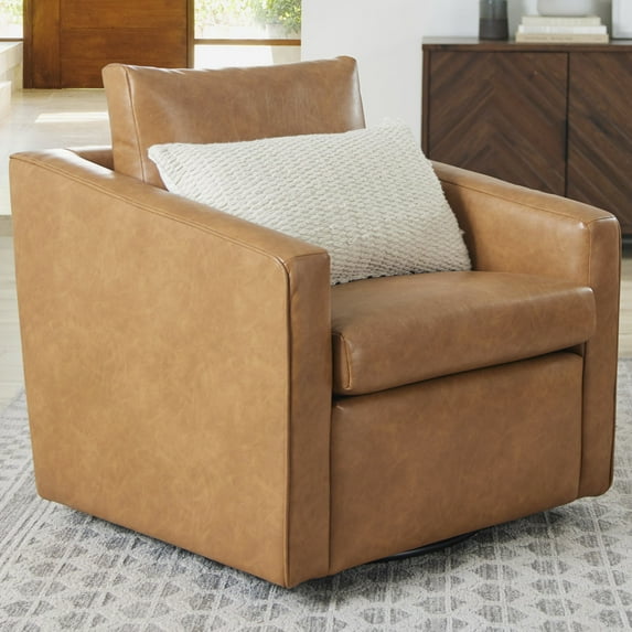 Better Homes & Gardens Steele Swivel Accent Chair, Camel Faux Leather - new