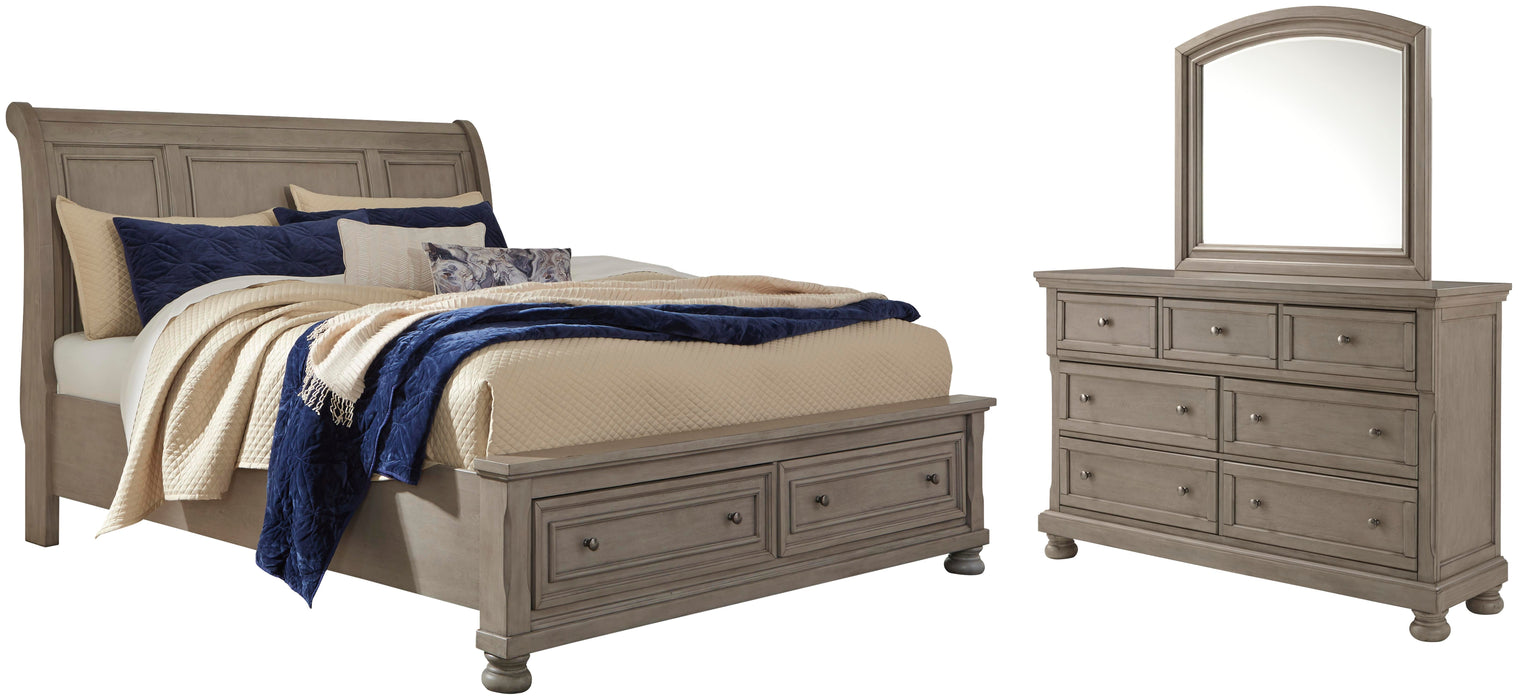 Lettner Light Gray Lettner Queen Sleigh Bed with 2 Storage Drawers with Mirrored Dresser
