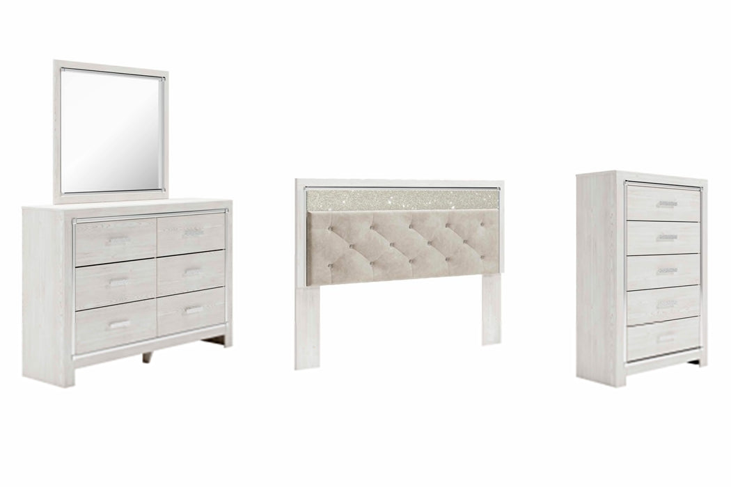 Altyra White Altyra King Panel Headboard Bed with Mirrored Dresser and Chest