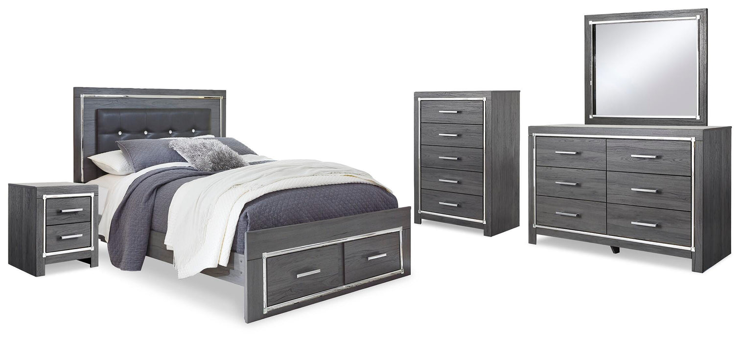 Lodanna Gray Lodanna Queen Panel Bed with 2 Storage Drawers with Mirrored Dresser, Chest and Nightstand