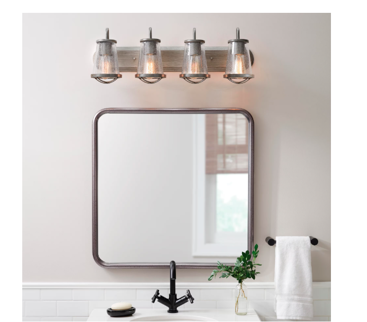 Home Decorators Collection Georgina 30 in. 4-Light Weathered Iron Industrial Rustic Vanity with Clear Seeded Glass Shades and Cage Accents - open_box