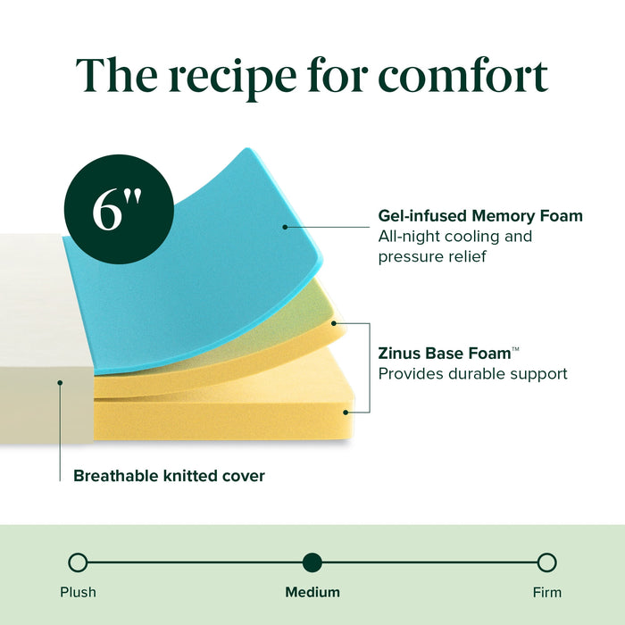 Zinus Cooling Airflow Tight Top 6" Memory Foam Mattress, Queen - new