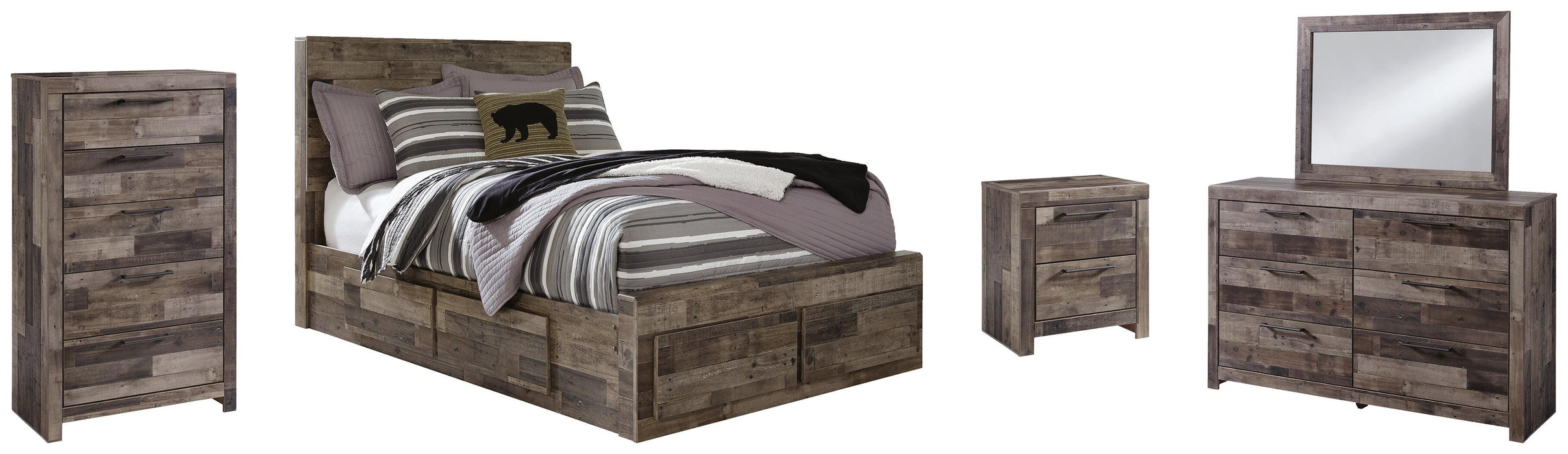 Derekson Multi Gray Derekson Full Panel Bed with 6 Storage Drawers with Mirrored Dresser, Chest and Nightstand