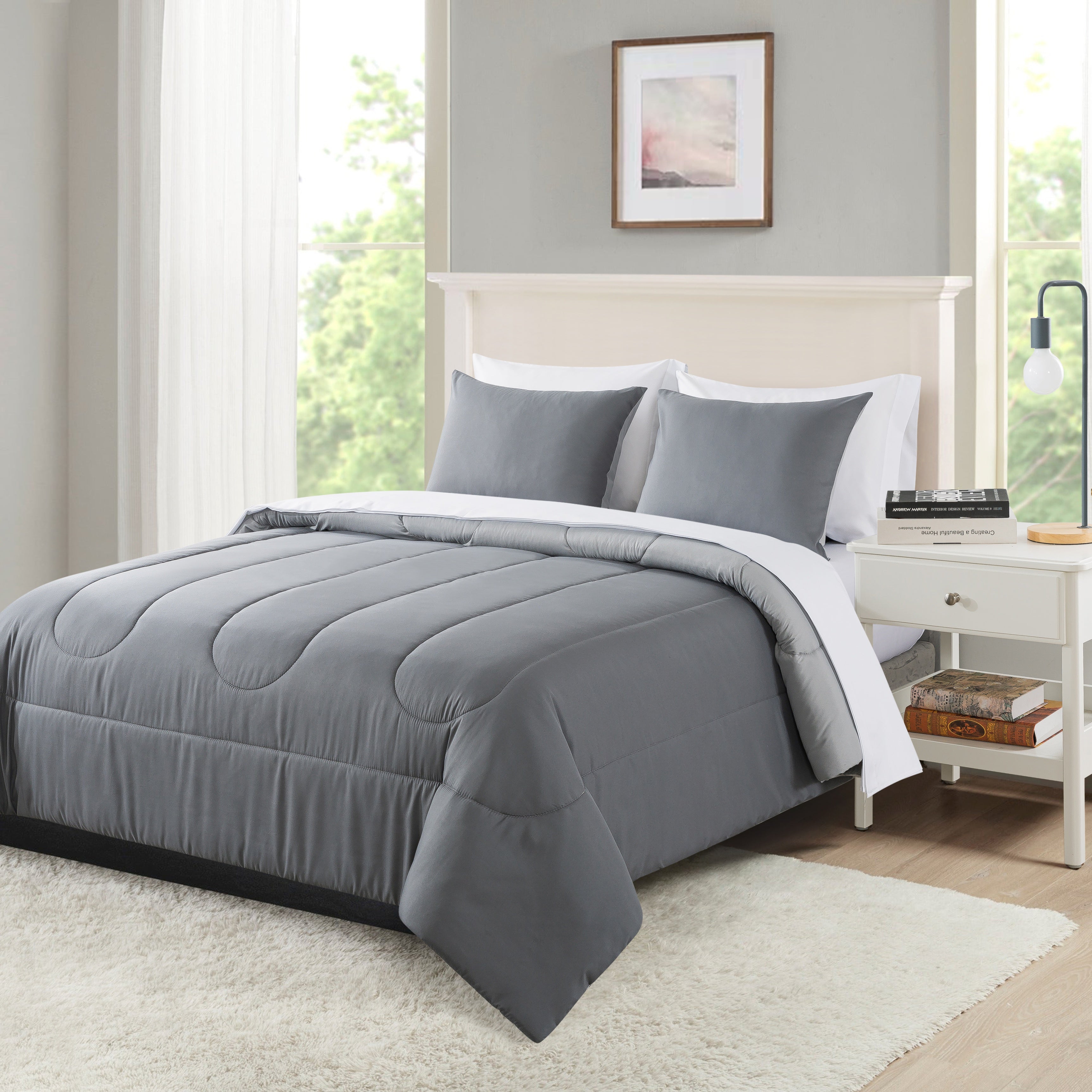 Mainstays Grey Reversible 7-Piece Bed in a Bag Comforter Set with Sheets, King - open_box