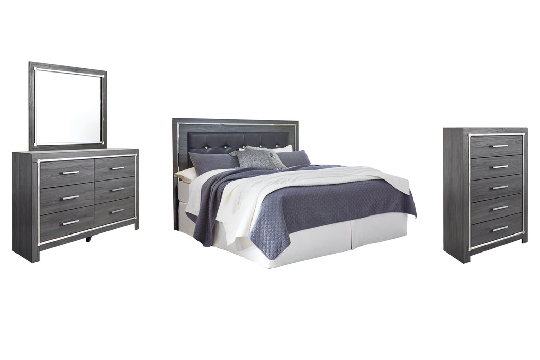 Lodanna Gray Lodanna King/California King Upholstered Panel Headboard Bed with Mirrored Dresser and Chest