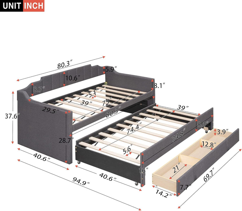 Upholstered Daybed with Trundle, Twin Size Bed Frame with 3 Storrage Drawers or Boys Girls Bedroom (Grey) 2 Boxes - new