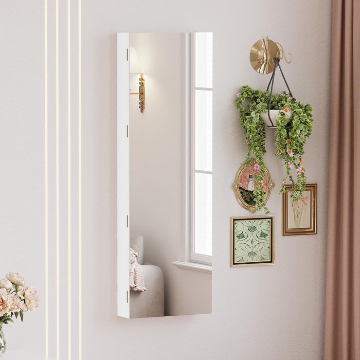 IRONCK Full Length Mirror Jewelry Cabinet with Foldable Shelf , Wall Door Mounted Jewelry Armoire with LED Light , White - new