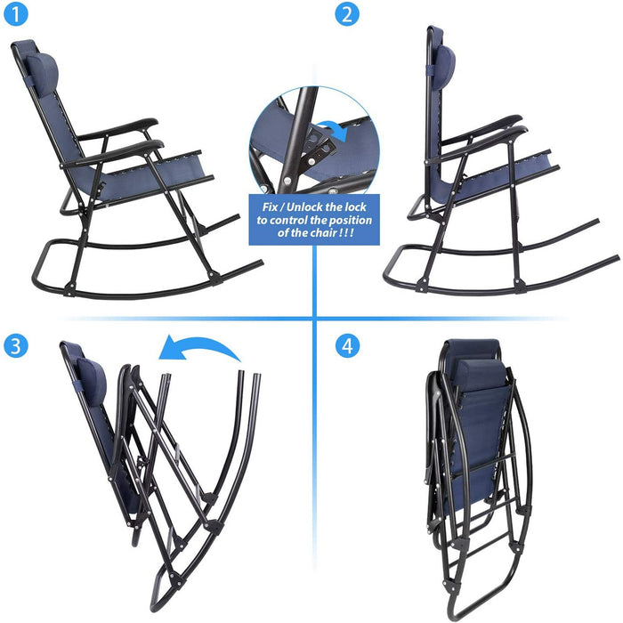 Zero Gravity Rocking Chair with Headrest Pillow Folding Recliner Foldable Lounge Chair, Blue - new