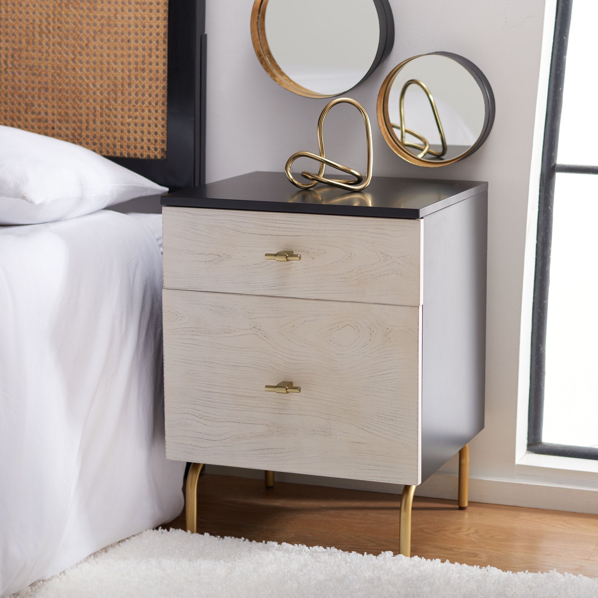 SAFAVIEH Genevieve Mid-Century 2 Drawer Nightstand, Black/White Washed - new