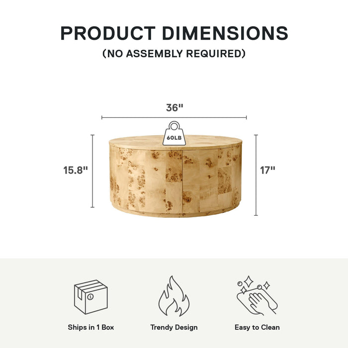 Better Homes & Gardens Burlwood Round Coffee Table, Light Burl Wood Veneer - new