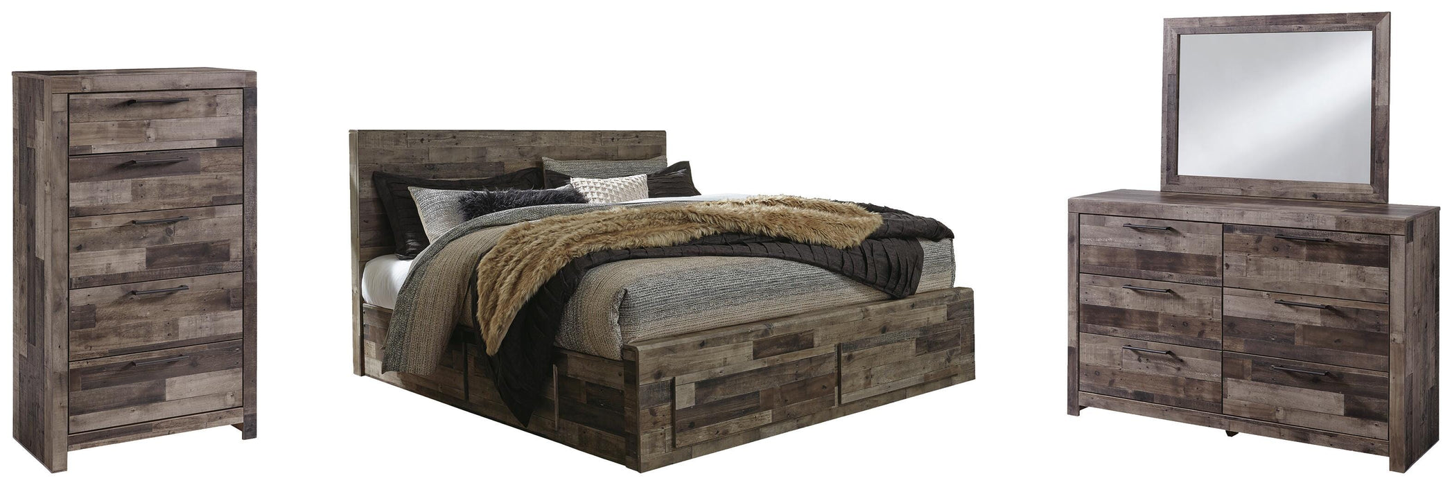 Derekson Multi Gray Derekson King Panel Bed with 4 Storage Drawers with Mirrored Dresser and Chest
