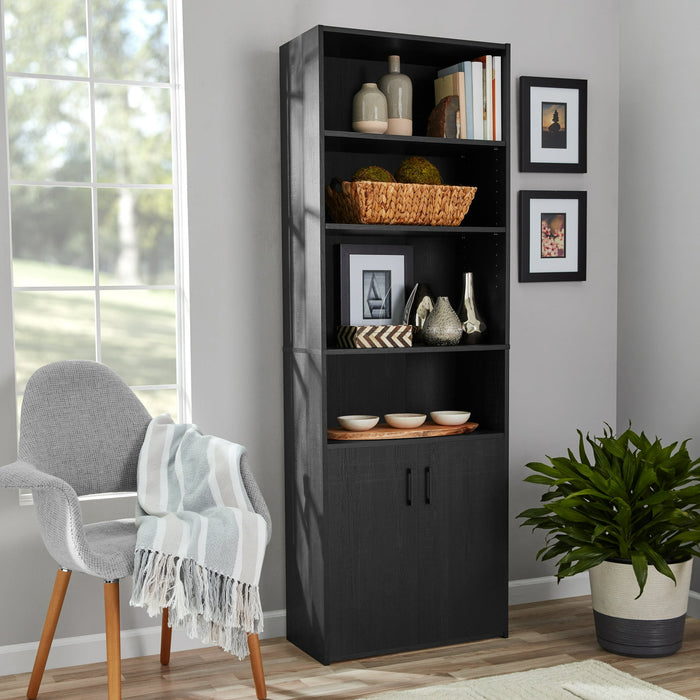 Mainstays Traditional 5 Shelf Bookcase with Doors, Black Finish - new