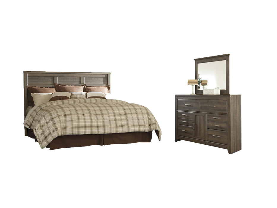 Juararo Dark Brown Juararo King/California King Panel Headboard Bed with Mirrored Dresser