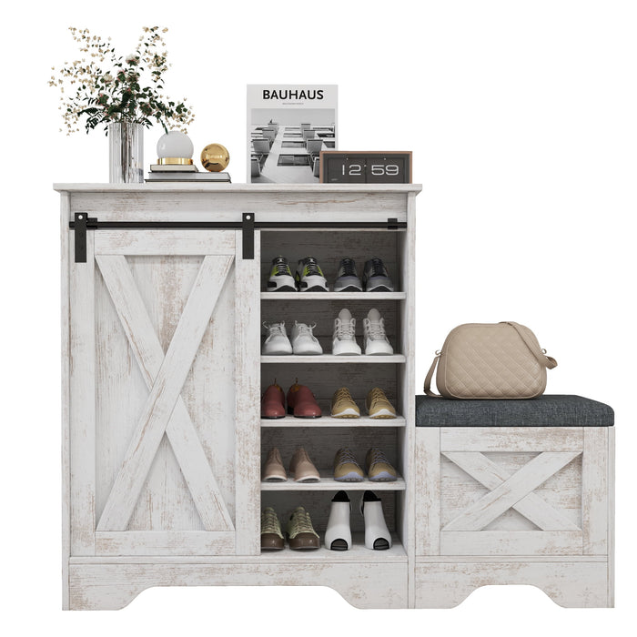 Uforic Shoe Cabinet with Sliding Door & Shoe Bench,Farmhouse Narrow Slim 5-Tier Adjustable Shoe Storage Organizer for 20 Pairs for Entryway, Foyer, Embossed White - new