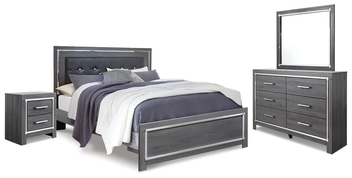 Lodanna Gray Lodanna King Panel Bed with Mirrored Dresser and Nightstand