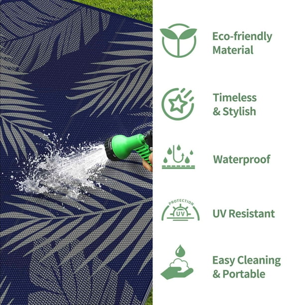 DEORAB 6'x9' Outdoor Rugs Patio Waterproof Outside Mat Reversible Plastic Camping Carpet,Blue & Grey - new