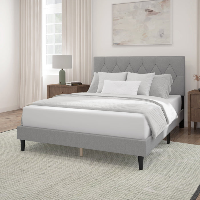 Mainstays Hillside Diamond Tufted Upholstered Queen Platform Bed, Gray - use_like_new