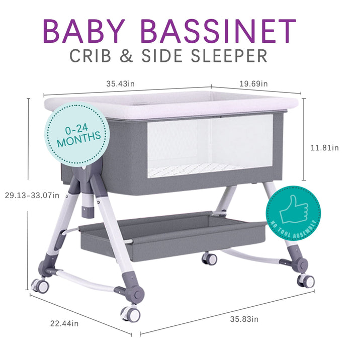 XunKA 4 in 1 Infant Baby Bassinet with Mosquito Net and Storage Rack,Adjustable Height,Gray. - new