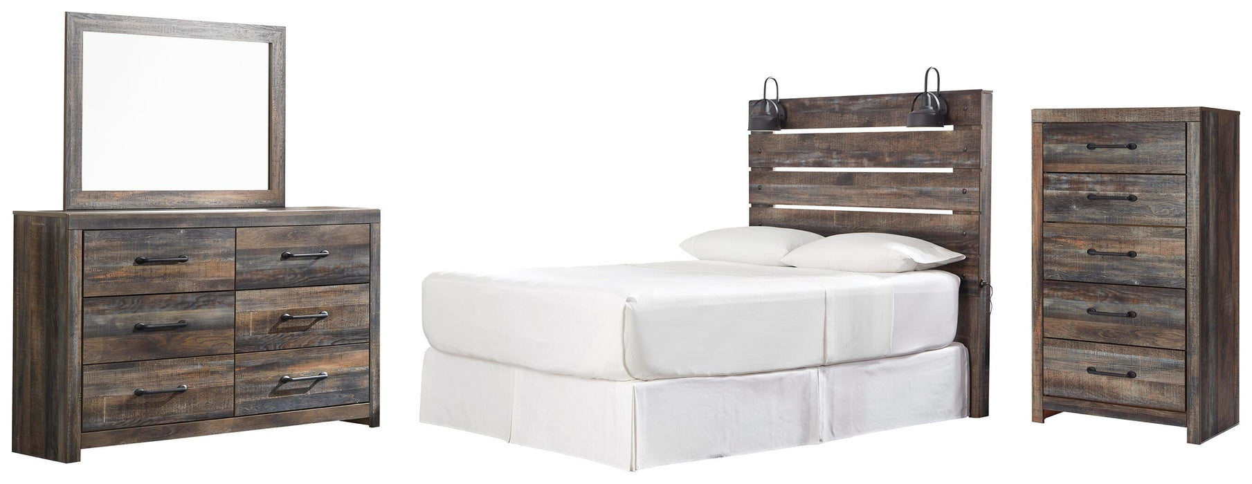 Drystan Multi Drystan Queen Panel Headboard Bed with Mirrored Dresser and Chest