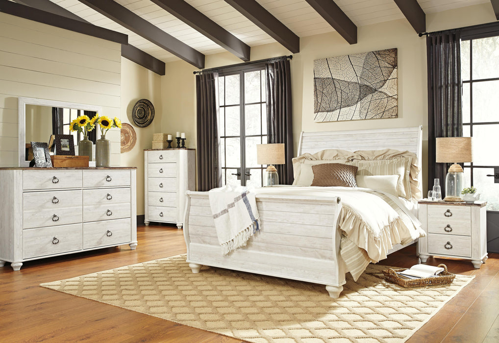 Willowton Whitewash Willowton Queen Sleigh Bed with Mirrored Dresser, Chest and Nightstand